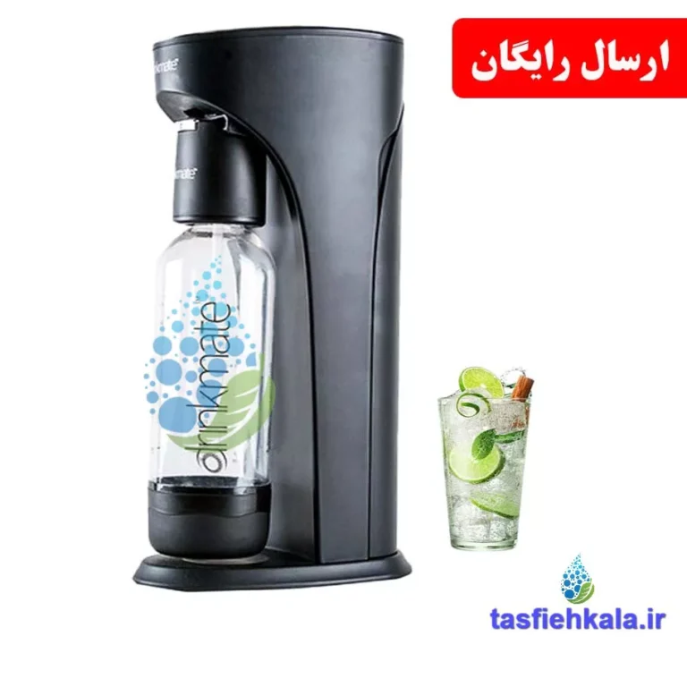 دستگاه سودا ساز و نوشابه ساز آی سودا درینک میت Drinkmate مشکی در کنار یک لیوان سودا لیمویی با ارسال رایگان